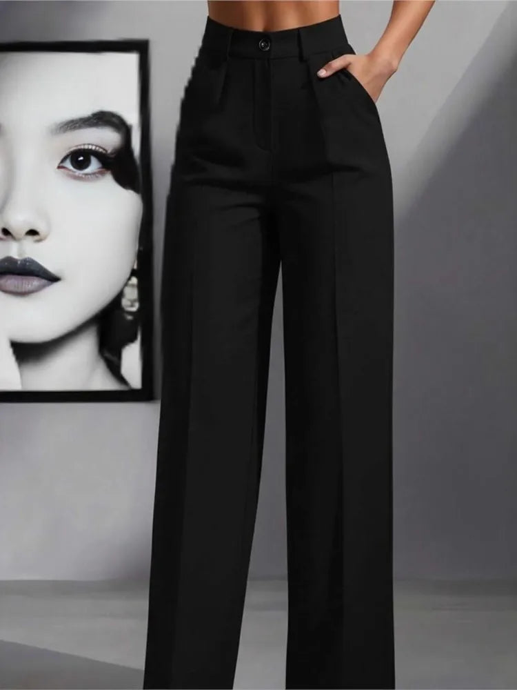 Pantaloni larghi pieghettati a vita alta da donna casual in tinta unita Pantaloni da lavoro Primavera Autunno Nuovi pantaloni dritti Pantaloni su misura da ufficio