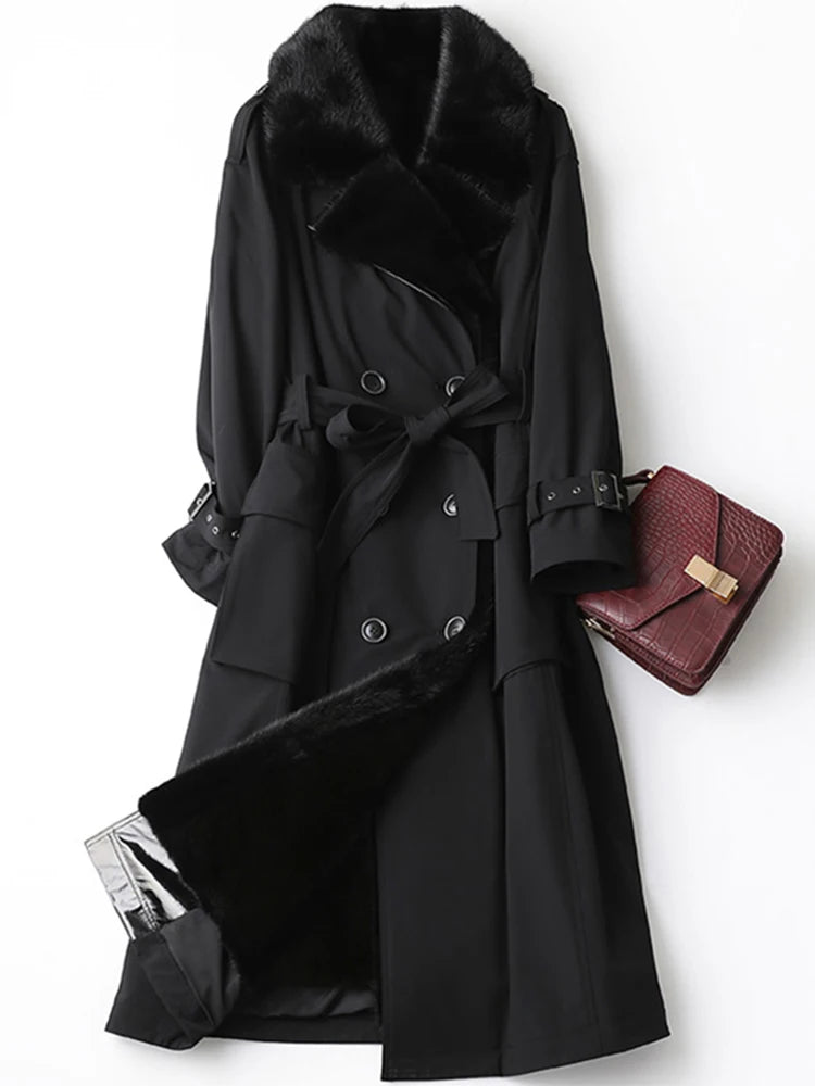 Lautaro Trench invernale lungo caldo e spesso con pelliccia sintetica, tasche interne con cintura, doppio petto, foderato in pelliccia di lusso per donna