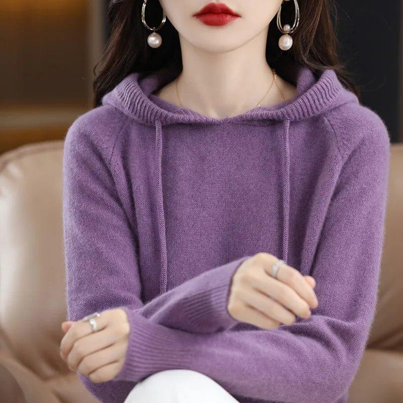 Maglione con cappuccio Moda Donna Autunno Inverno Manica lunga Tinta unita Felpe con cappuccio lavorate a maglia Lady Felpa con cappuccio pullover casual con coulisse allentata