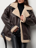 Ailegogo Streetwear Giacca da donna in pelliccia di agnello allentata calda in ecopelle Cintura vintage con cerniera femminile Cappotto spesso chic impiombato