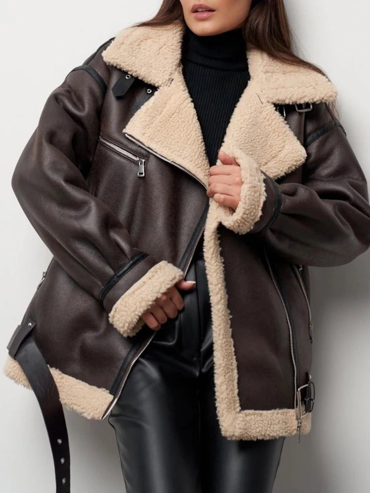 Ailegogo Streetwear Giacca da donna in pelliccia di agnello allentata calda in ecopelle Cintura vintage con cerniera femminile Cappotto spesso chic impiombato
