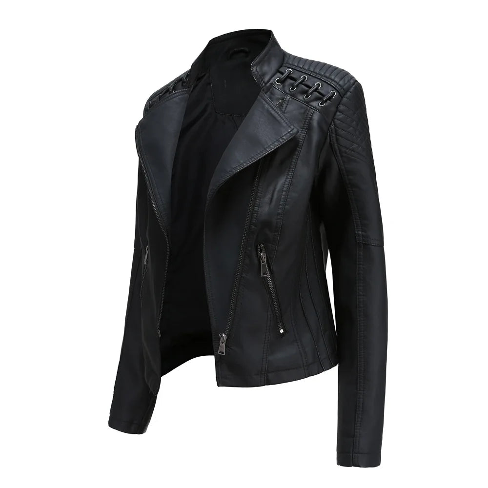 Giacca in Pelle da Donna Primavera/Autunno, Slim Fit, Stile Biker, Cappotto Corto in Ecopelle con Colletto Alto e Cerniera
