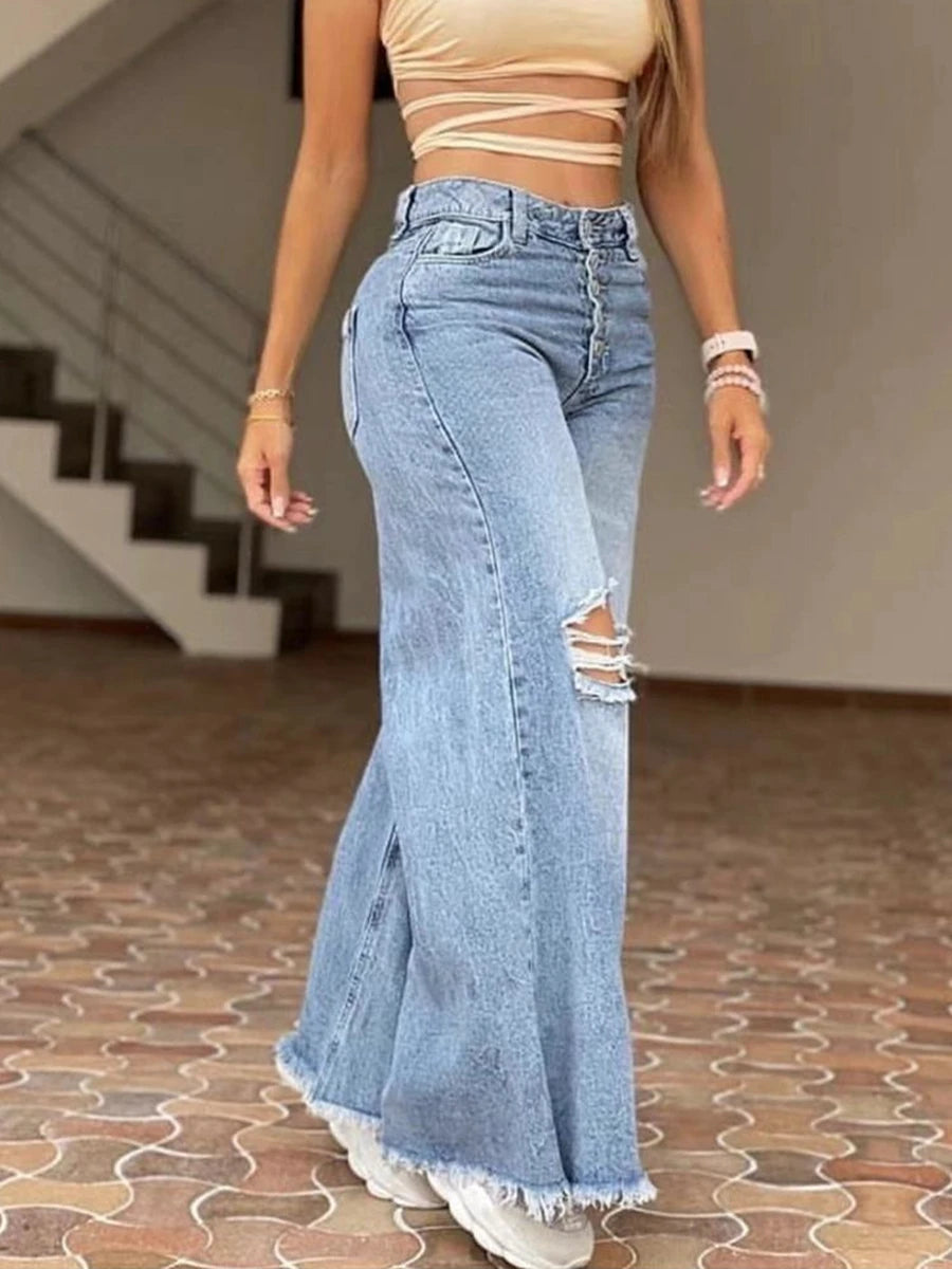 Pantaloni a gamba larga con foro ampio retrò a vita alta alla moda da donna Pantaloni lunghi da donna nuovi jeans lavati di colore chiaro