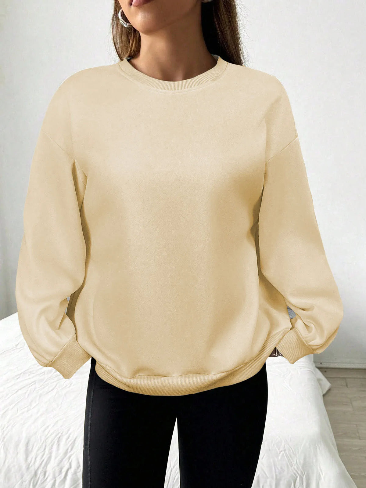 Felpa da donna casual semplice tinta unita ampia a maniche lunghe versione oversize o-collo top basic primavera/autunno streetwear