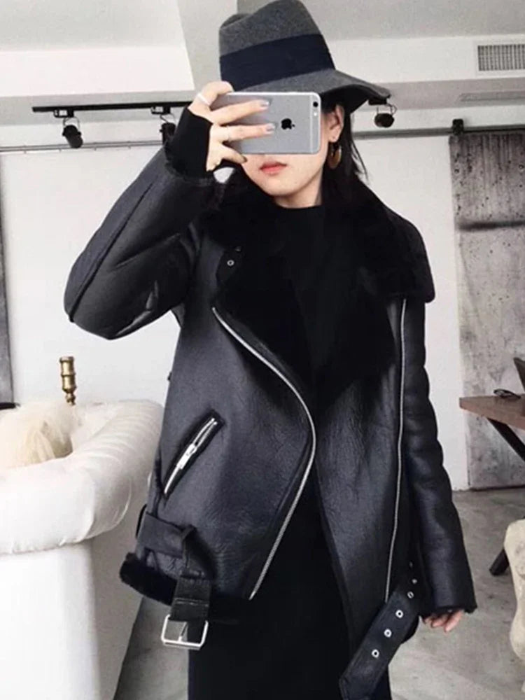 Ailegogo Cappotti Invernali Donna Spessa Pelliccia Sintetica Cappotto di Pelle di Pecora Pelliccia Femminile Giacca Impiombata Aviatore Outwear Casaco Feminino