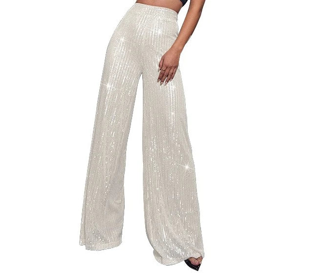 Pantaloni da donna, abbigliamento femminile, vestiti alla moda, pantaloni casual con paillettes, pantaloni eleganti, ampi e fluidi, a gamba larga, hwy5623
