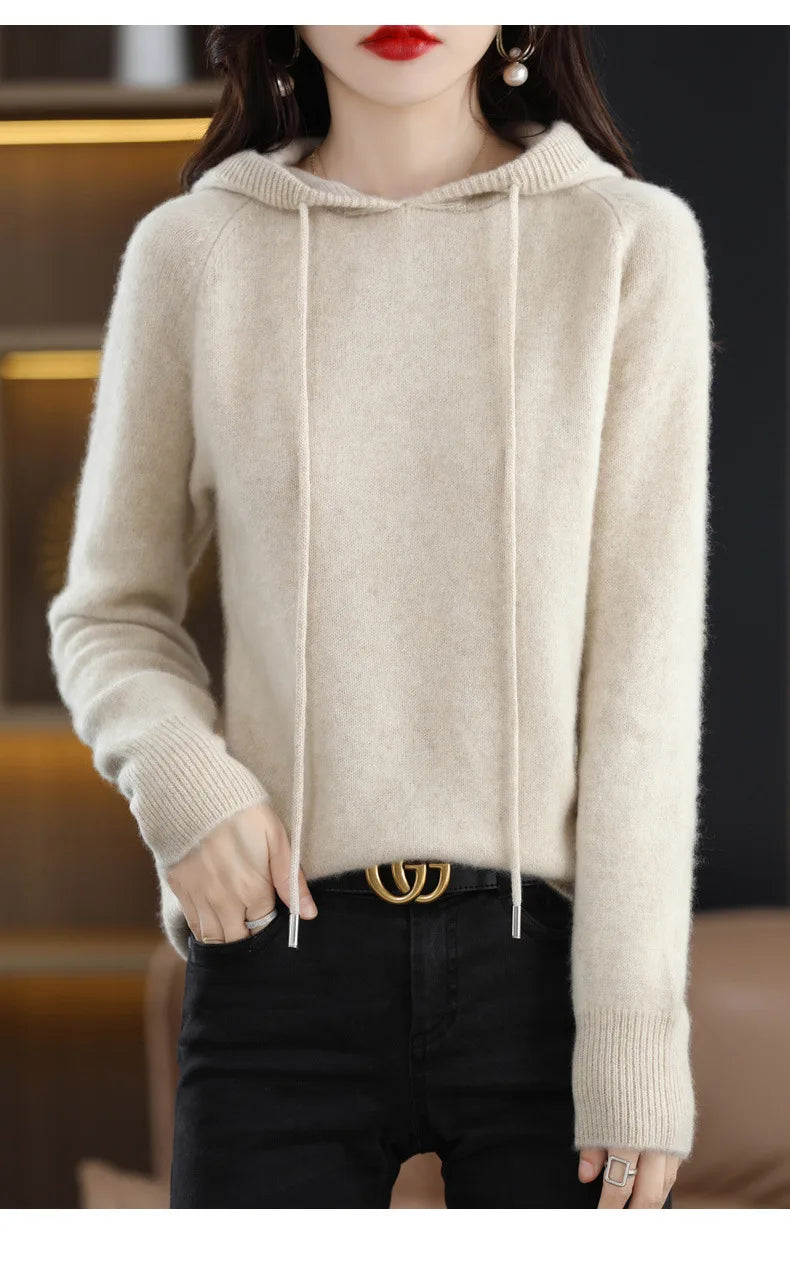 Maglione con cappuccio Moda Donna Autunno Inverno Manica lunga Tinta unita Felpe con cappuccio lavorate a maglia Lady Felpa con cappuccio pullover casual con coulisse allentata