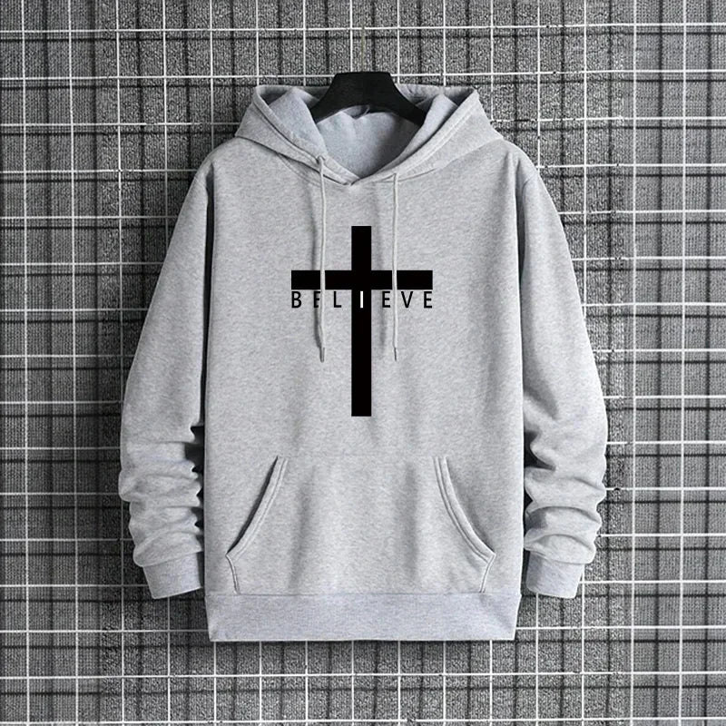 Felpa con Cappuccio da Uomo con Stampa Croce di Gesù, Moda Urbana Casual Streetwear, Trendy Autunno Inverno 2026