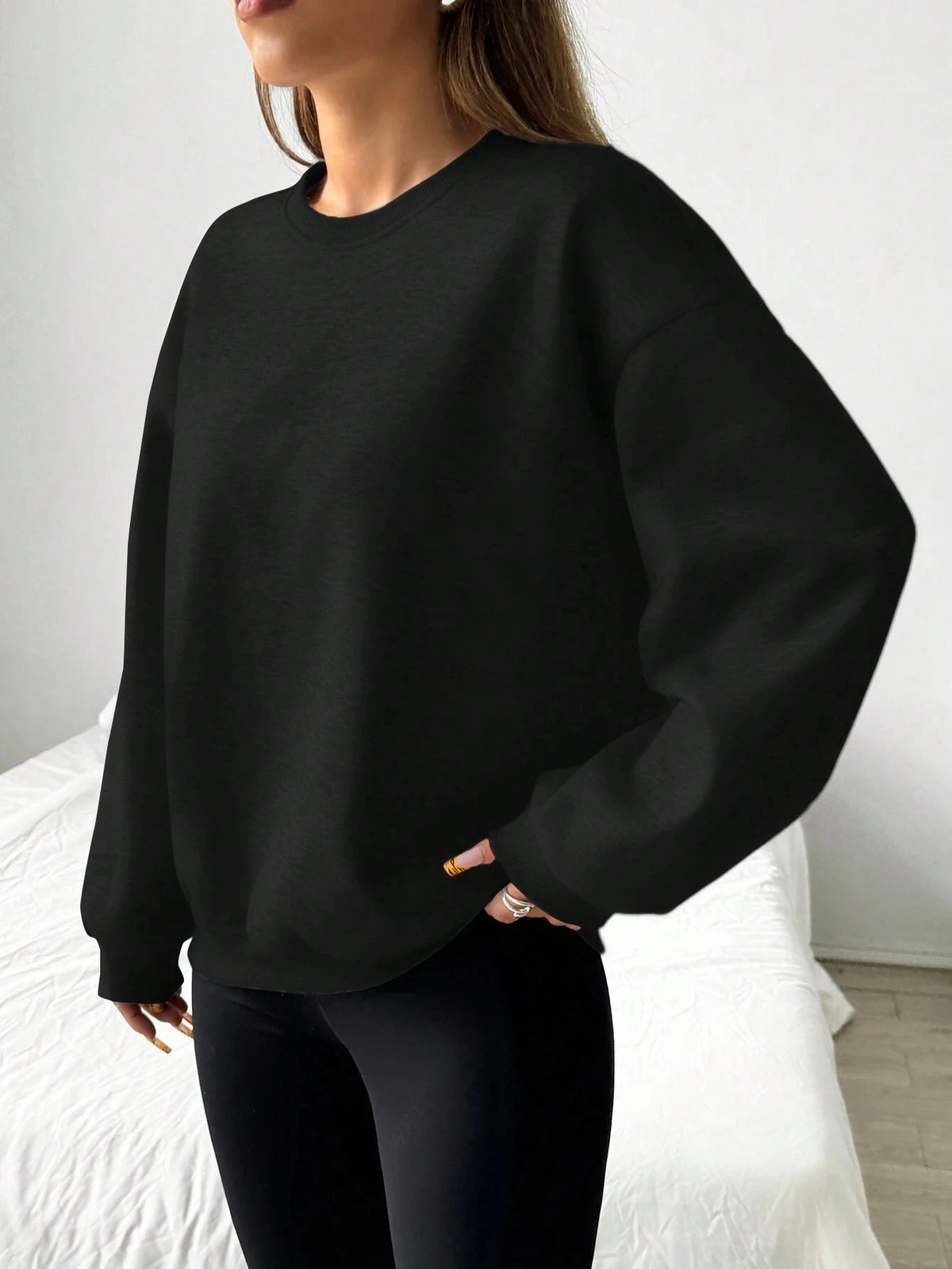 Felpa da donna casual semplice tinta unita ampia a maniche lunghe versione oversize o-collo top basic primavera/autunno streetwear