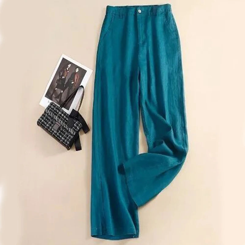 Pantaloni Larghi a Vita Alta in Lino Tinta Unita, Nuovi Modelli Estivi Coreani da Donna, Taglie Grandi, Moda Casual Elegante e Drappeggiata