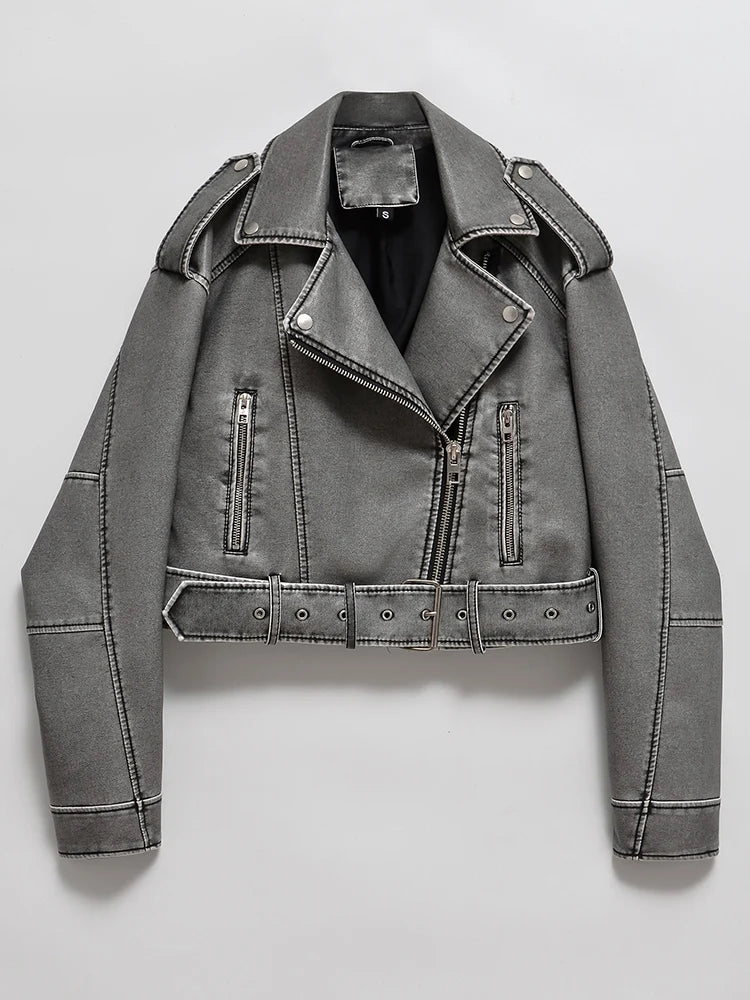 Ailegogo Giacca corta da donna vintage in ecopelle lavata allentata Streetwear Cintura con cerniera femminile Moto Biker Cappotto retrò Capispalla Top