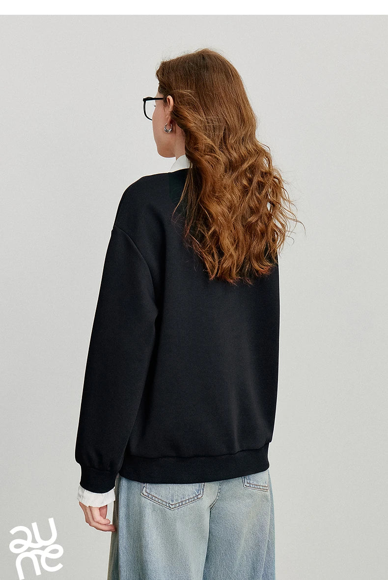 TOYOUTH Felpa da donna 2025 Autunno Nuovo Denim Fiore Ricamo Falso in due pezzi Splicing Colletto rovesciato Pullover casual in cotone