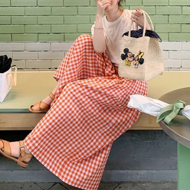 Pantaloni scozzesi a gamba larga da donna Pantaloni larghi stile coreano con pannelli Pantaloni streetwear Pantalones Abbigliamento estivo A-line Adolescenti College