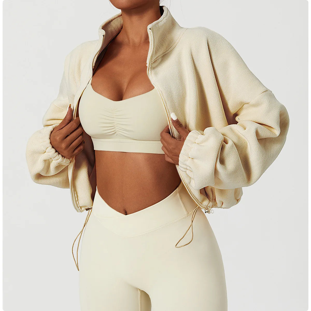 Felpa con cappuccio da donna in pile polare con zip, vestibilità ampia, top corto atletico con colletto rialzato, fori per i pollici e orlo con coulisse per l'autunno inverno