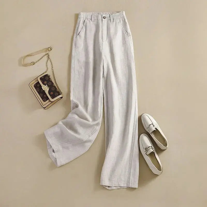 Pantaloni Larghi a Vita Alta in Lino Tinta Unita, Nuovi Modelli Estivi Coreani da Donna, Taglie Grandi, Moda Casual Elegante e Drappeggiata