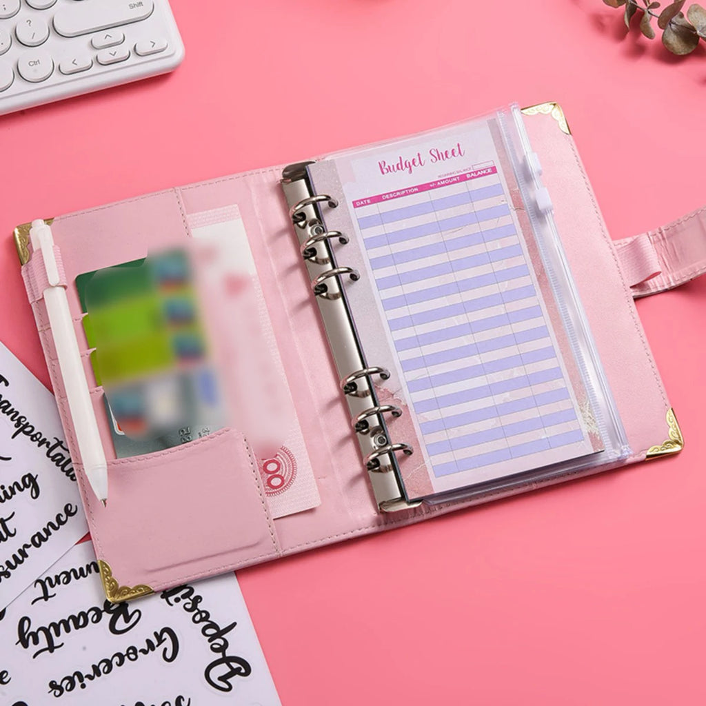 1spc budget card 12 sheets+zipper bag 8 sheets+2 sheets English stickers A6 leather retro marble pattern copper corner accountin