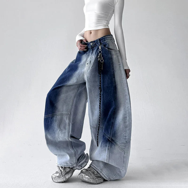 Jeans coreani retrò sfumati per donna Pantaloni a gamba dritta Pantaloni casual a gamba larga Jeans blu Pantaloni Y2k larghi senza pendente