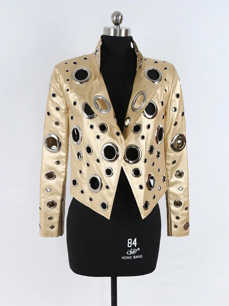 Nerazzurri primavera autunno corto scava fuori giacca in pelle Pu donna rivetto fresco elegante Designer di lusso vestiti pista moda 2024