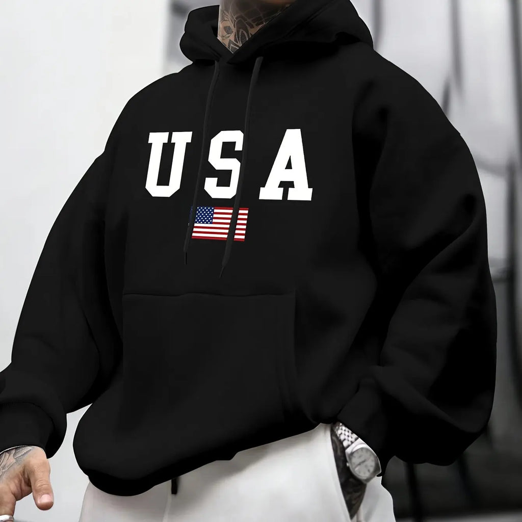 Felpa con Cappuccio da Uomo Autunno-Inverno, Moda Casual, Stampa Grafica Bandiera Americana, Maniche Lunghe, Pullover Caldo