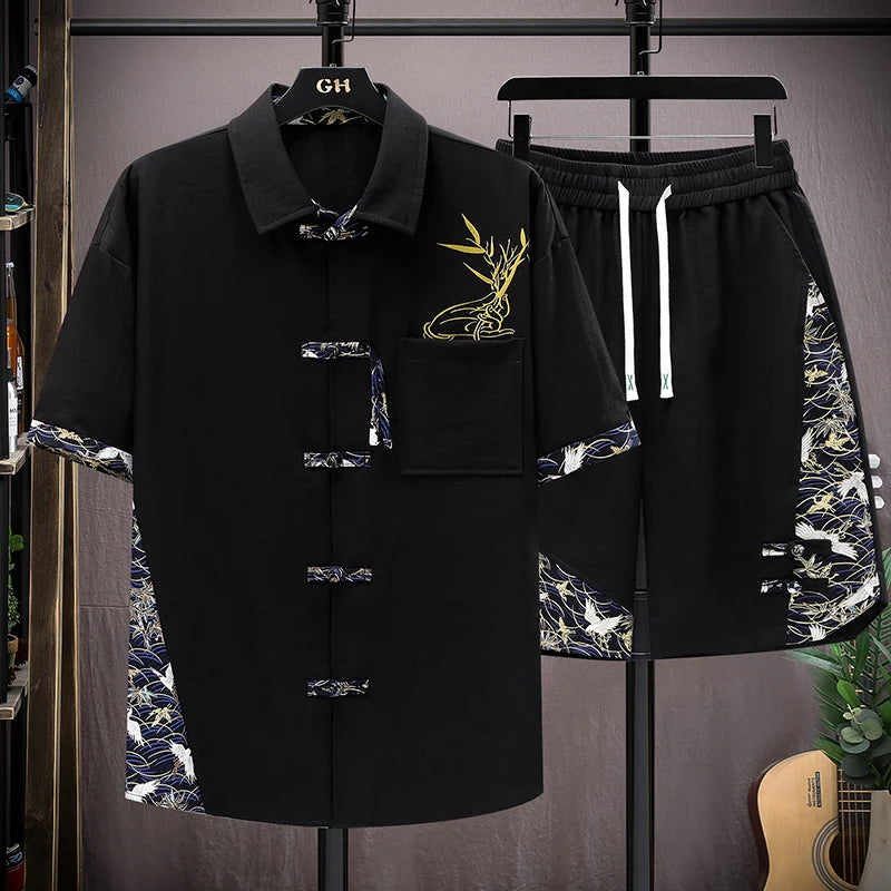 Set estivi uomo moda stampa camicia a maniche corte pantaloncini due pezzi uomo stile cinese Set sciolto Set corto da uomo