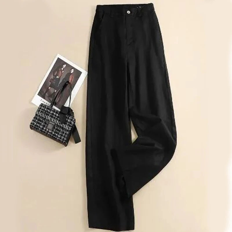 Pantaloni Larghi a Vita Alta in Lino Tinta Unita, Nuovi Modelli Estivi Coreani da Donna, Taglie Grandi, Moda Casual Elegante e Drappeggiata