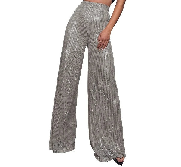 Pantaloni da donna, abbigliamento femminile, vestiti alla moda, pantaloni casual con paillettes, pantaloni eleganti, ampi e fluidi, a gamba larga, hwy5623