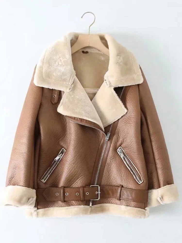 Ailegogo Cappotti invernali Donna Spessore Pelliccia sintetica Pelle di pecora Pelliccia femminile Giacca in pelle Aviator Outwear Casaco Feminino