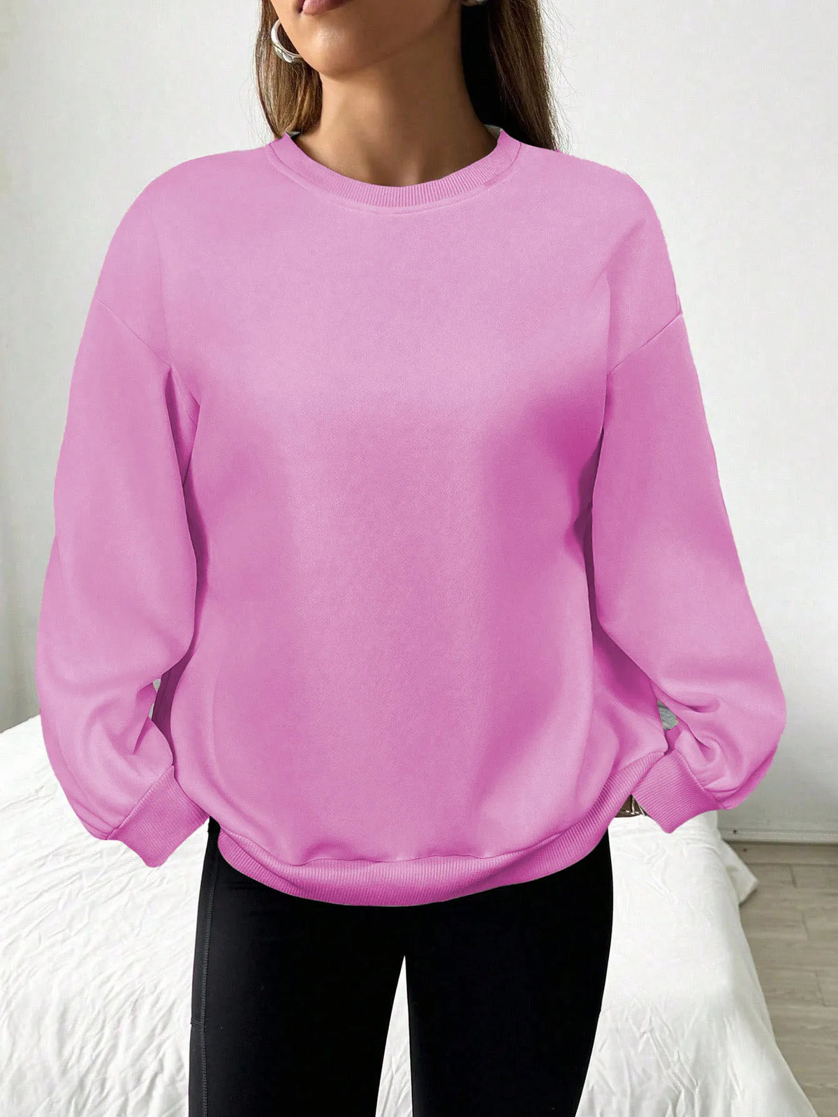 Felpa da donna casual semplice tinta unita ampia a maniche lunghe versione oversize o-collo top basic primavera/autunno streetwear