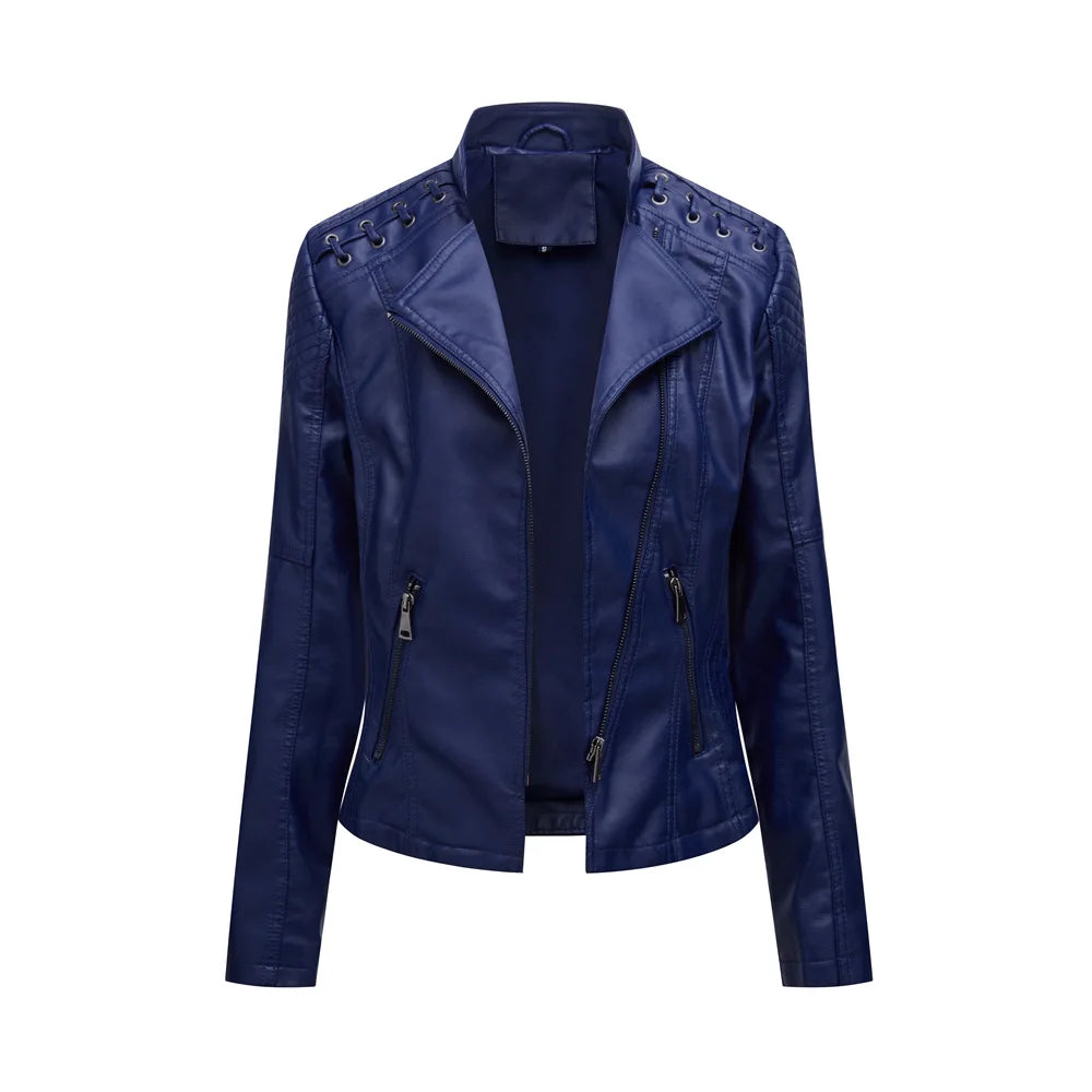 Giacca in Pelle da Donna Primavera/Autunno, Slim Fit, Stile Biker, Cappotto Corto in Ecopelle con Colletto Alto e Cerniera
