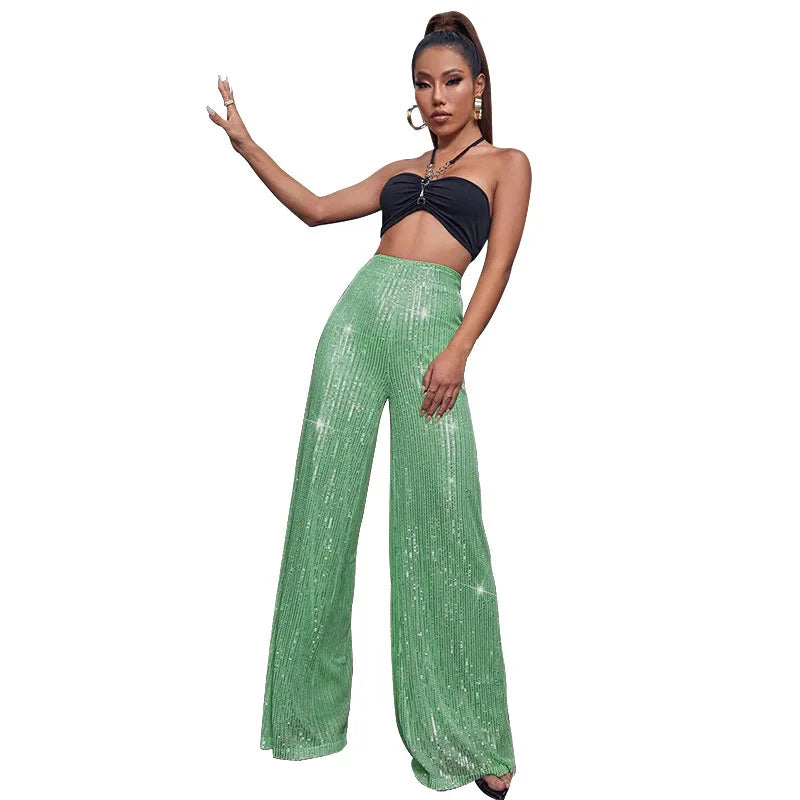 Pantaloni da donna, abbigliamento femminile, vestiti alla moda, pantaloni casual con paillettes, pantaloni eleganti, ampi e fluidi, a gamba larga, hwy5623