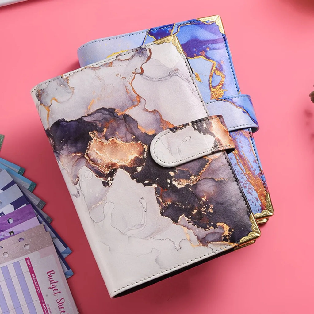 1spc budget card 12 sheets+zipper bag 8 sheets+2 sheets English stickers A6 leather retro marble pattern copper corner accountin