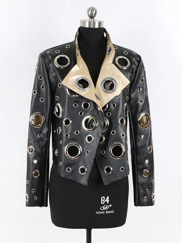 Nerazzurri primavera autunno corto scava fuori giacca in pelle Pu donna rivetto fresco elegante Designer di lusso vestiti pista moda 2024