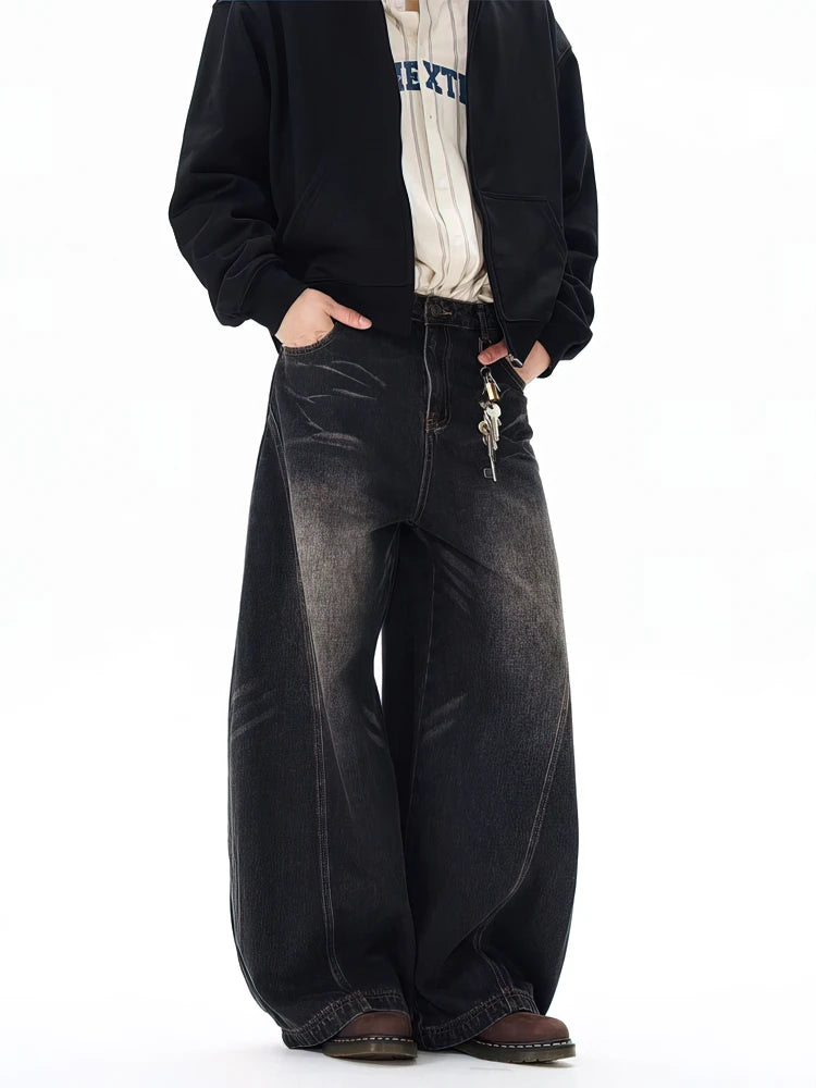 Jeans Baggy Vintage Neri Lavati da Uomo, Pantaloni a Gamba Larga con Taglio Curvo, Streetwear, Stile Cowboy, Casual, in Denim, a Gamba Dritta