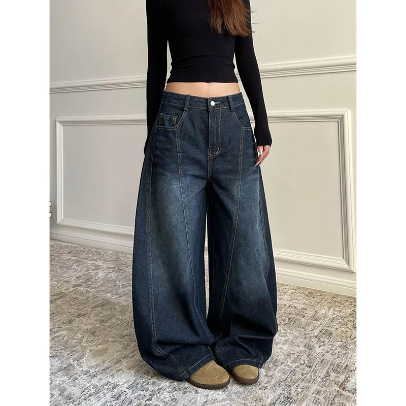 Blu delle Donne Retro Y2K 2000s Gamba Larga Baggy Casual Denim Pantaloni A Vita Alta Jeans Allentati 2024 Autunno Harajuku Pantaloni a Figura Intera