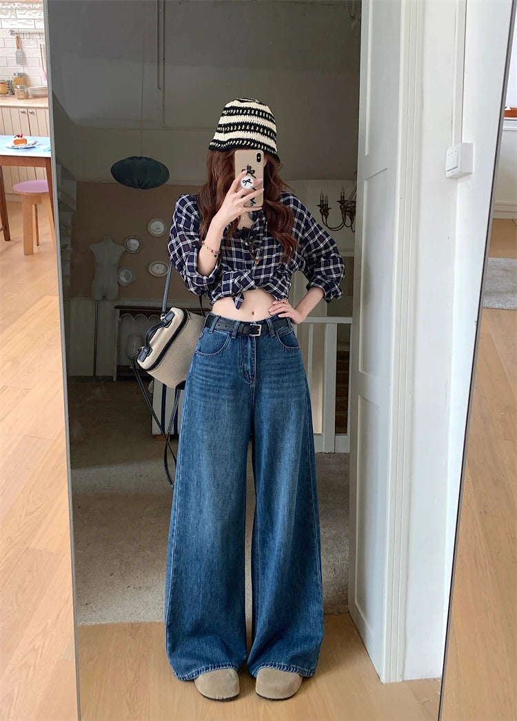 Jeans a Vita Alta Stile Americano, Gamba Larga, per Donna, Autunno Inverno, Vestibilità Comoda, Pantaloni Lunghi, Taglio Dritto, Casual, Denim Blu, Effetto Snellente