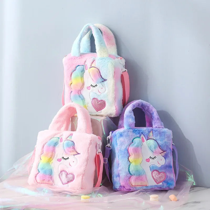 Borse per bambini Borse a tracolla Borsa a tracolla in peluche ricamata a fumetti Borsa per bambini carina per ragazza Borsa a tracolla per ragazza unicorno Spot