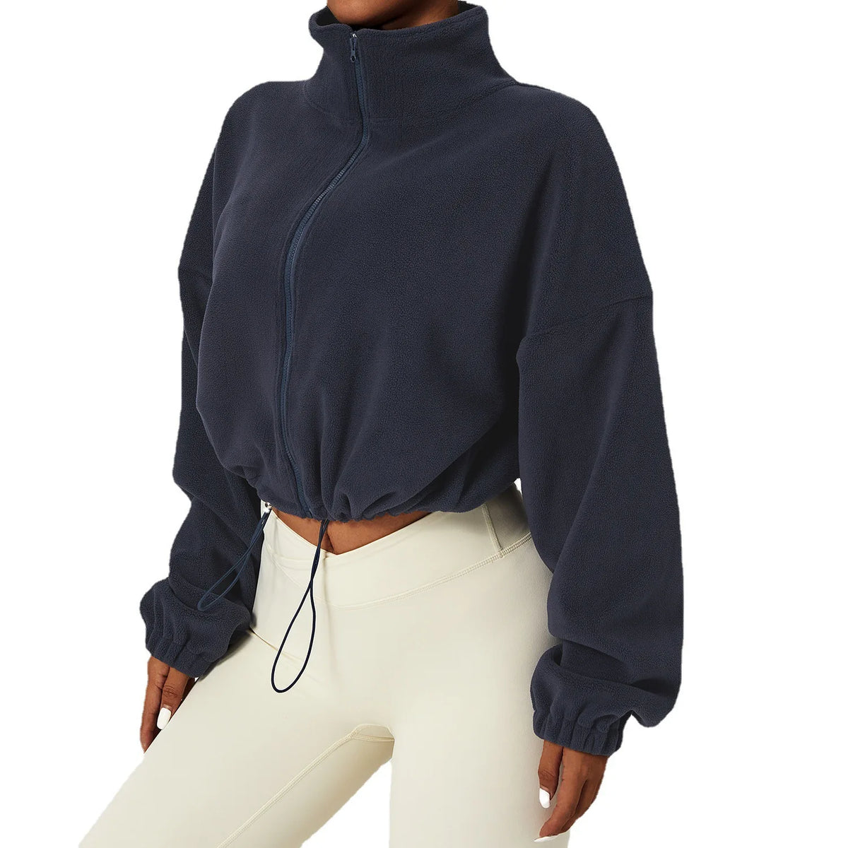 Felpa con cappuccio da donna in pile polare con zip, vestibilità ampia, top corto atletico con colletto rialzato, fori per i pollici e orlo con coulisse per l'autunno inverno