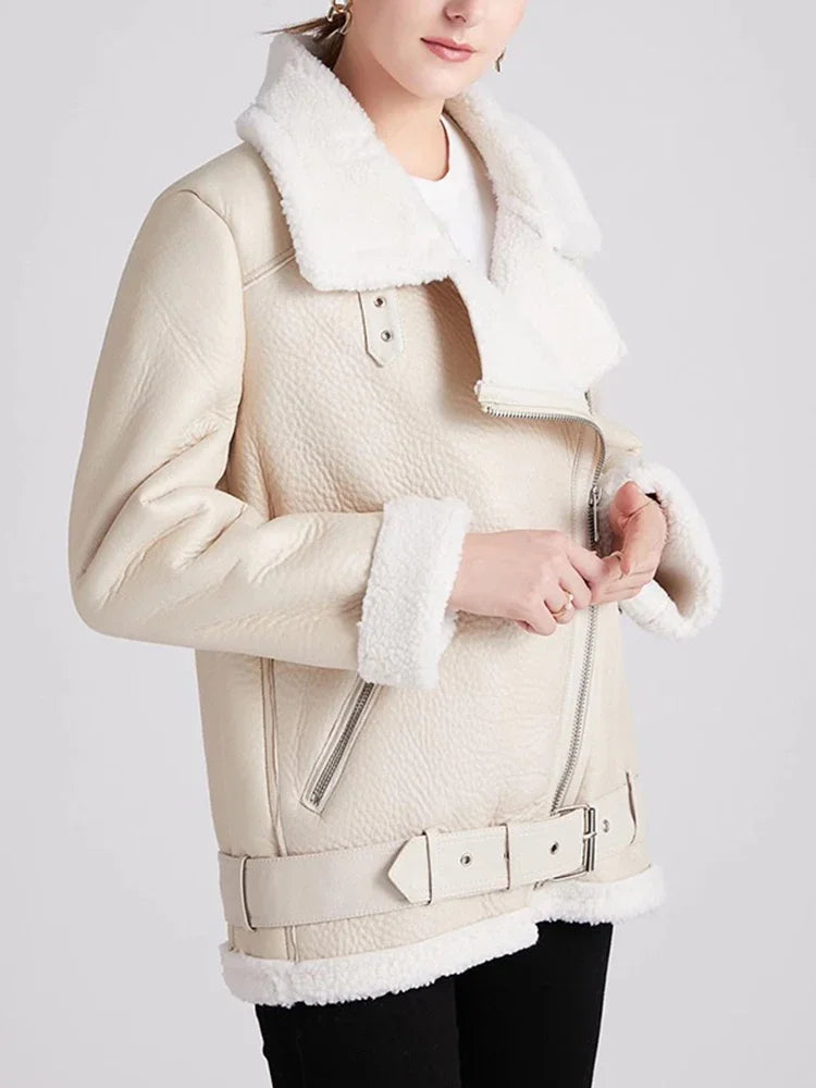 Ailegogo Cappotti Invernali Donna Spessa Pelliccia Sintetica Cappotto di Pelle di Pecora Pelliccia Femminile Giacca Impiombata Aviatore Outwear Casaco Feminino