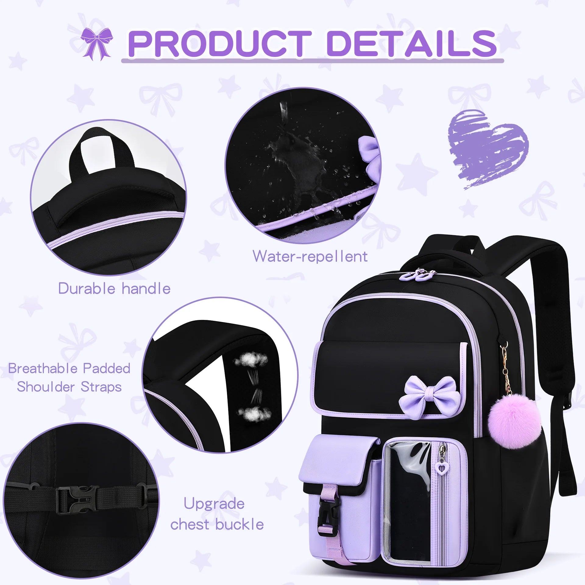 Zaino scolastico elementare multitasche per ragazze, zaino ergonomico impermeabile con fiocco, set di zaini per viaggi all'aperto e uso quotidiano