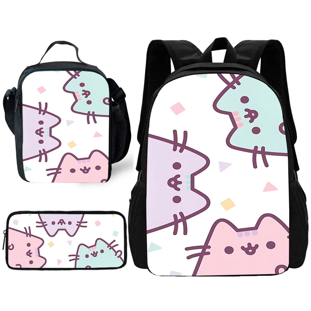 Zaino per bambini con gatti Kawaii Pusheens per la scuola con borse per il pranzo, borse per matite, borse per la scuola per ragazzi e ragazze, miglior regalo