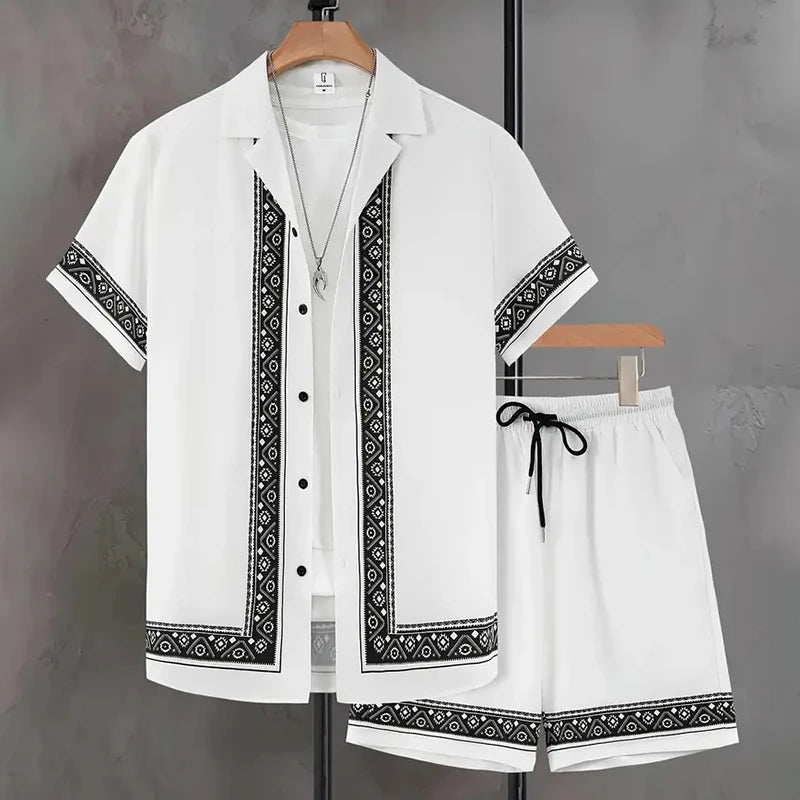 2024 vestito da vacanza estiva dei nuovi uomini camicia con bordo stampato strutturato retrò pantaloncini a maniche corte tuta da piscina traspirante da uomo in due pezzi