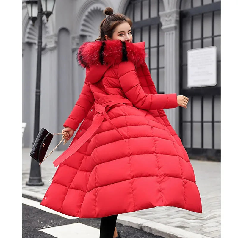Cappotto Parka lungo in cotone piumino femminile nuovo inverno sopra il ginocchio ampio collo in pelliccia con cappuccio caldo parka spesso soprabito imbottito da donna
