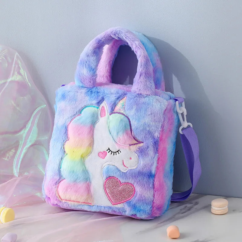Borse per bambini Borse a tracolla Borsa a tracolla in peluche ricamata a fumetti Borsa per bambini carina per ragazza Borsa a tracolla per ragazza unicorno Spot