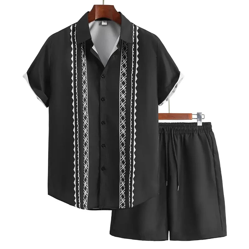2024 vestito da vacanza estiva dei nuovi uomini camicia con bordo stampato strutturato retrò pantaloncini a maniche corte tuta da piscina traspirante da uomo in due pezzi