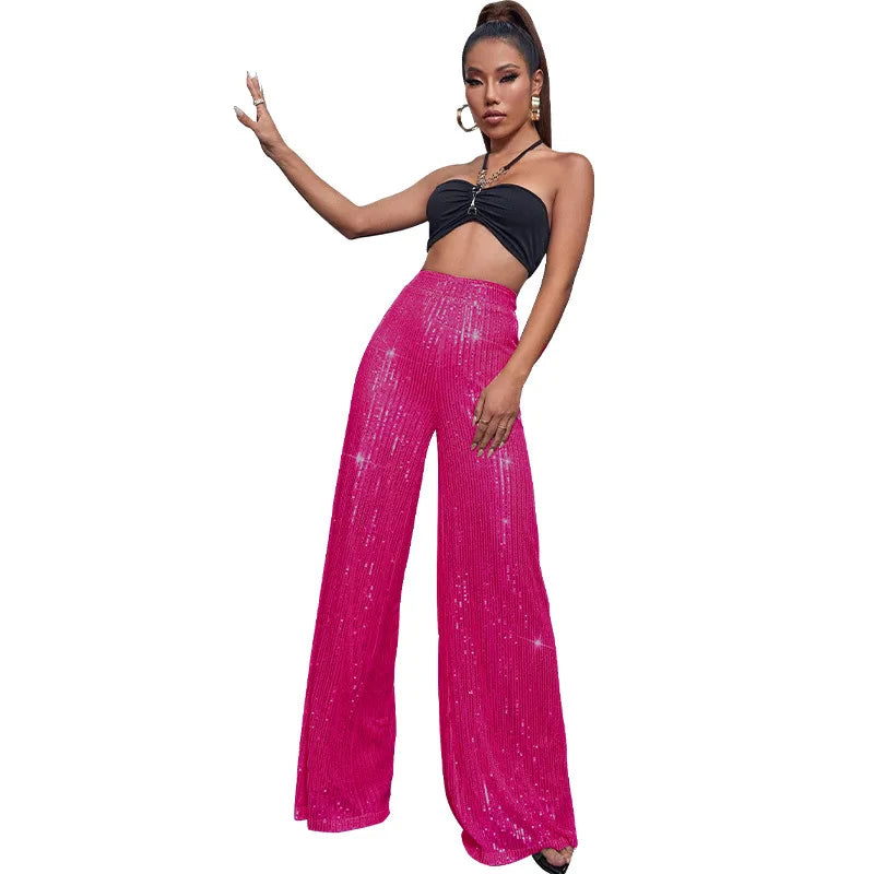 Pantaloni da donna, abbigliamento femminile, vestiti alla moda, pantaloni casual con paillettes, pantaloni eleganti, ampi e fluidi, a gamba larga, hwy5623