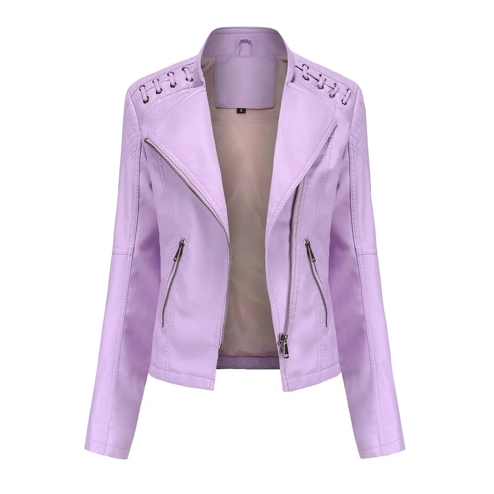 Giacca in Pelle da Donna Primavera/Autunno, Slim Fit, Stile Biker, Cappotto Corto in Ecopelle con Colletto Alto e Cerniera