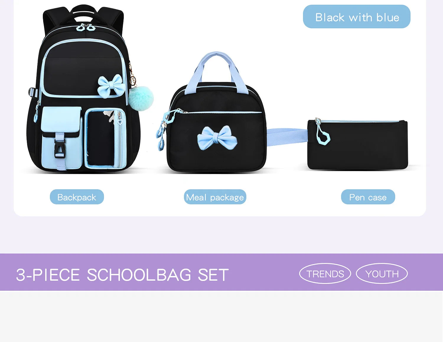 Zaino scolastico elementare multitasche per ragazze, zaino ergonomico impermeabile con fiocco, set di zaini per viaggi all'aperto e uso quotidiano