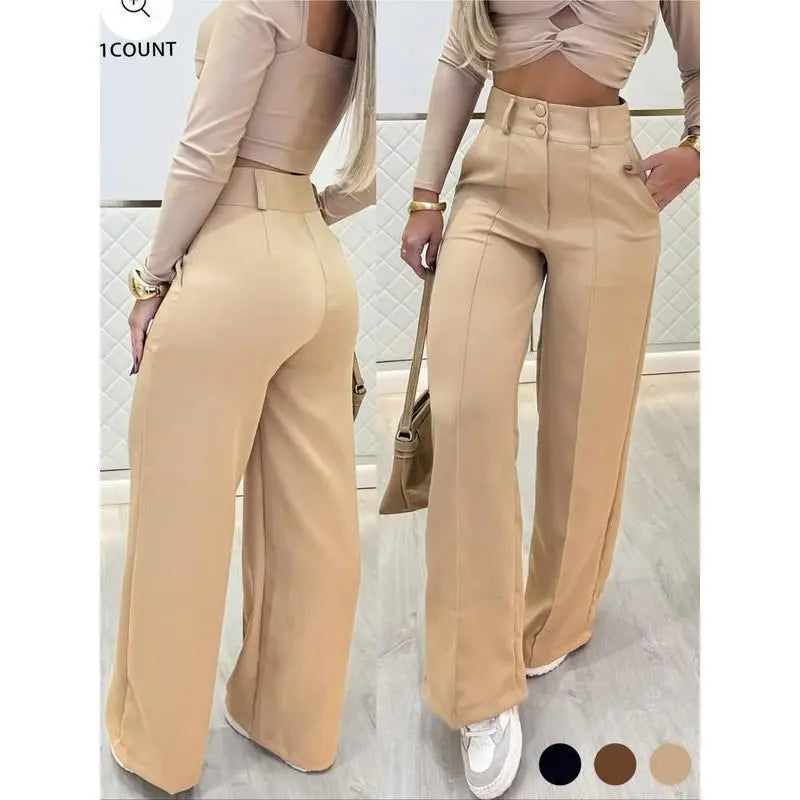 Nuovi Pantaloni da Donna a Vita Alta e Gamba Larga 2026, Pantaloni a Gamba Dritta con Doppio Bottone e Drappeggio Modellante, Pantaloni da Lavoro Casual a Tinta Unita