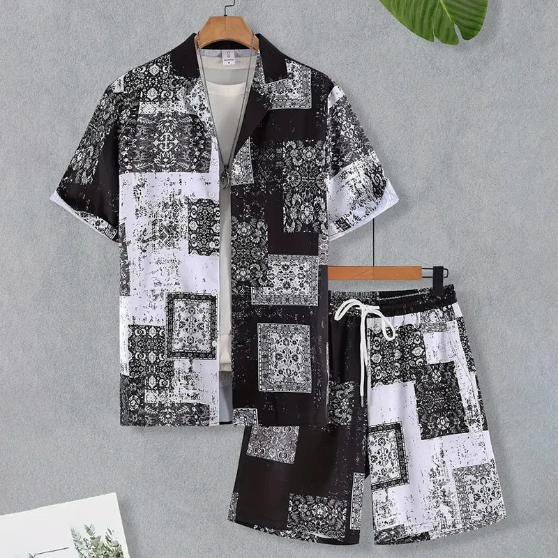 2024 vestito da vacanza estiva dei nuovi uomini camicia con bordo stampato strutturato retrò pantaloncini a maniche corte tuta da piscina traspirante da uomo in due pezzi