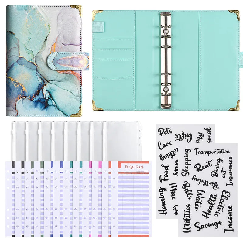1spc budget card 12 sheets+zipper bag 8 sheets+2 sheets English stickers A6 leather retro marble pattern copper corner accountin